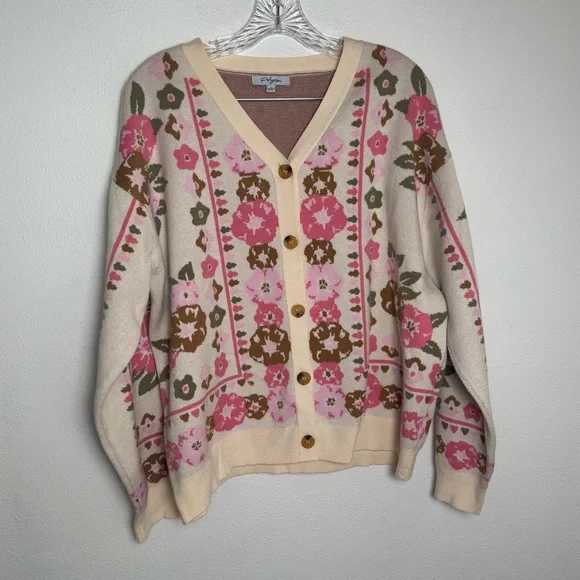 Polagram Pink and Brown Floral Grandma Cottagecore Cardigan Sweater - Picture 1 of 7